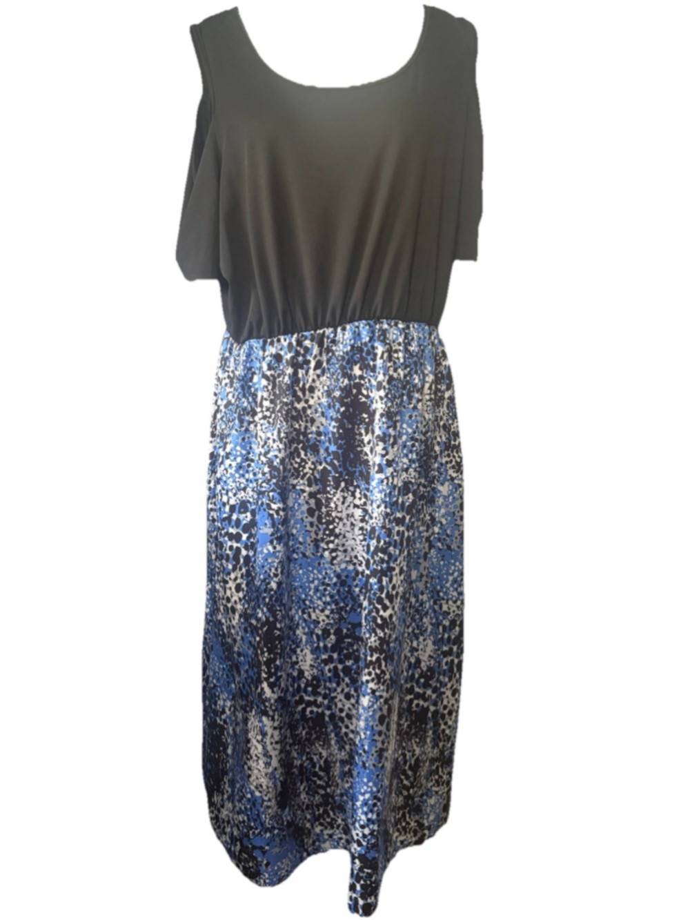 Plus Size 4XL Cold Shoulder Midi Dress Black Blue Abstract Stretch Short Sleeve